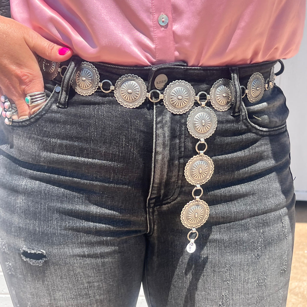 Round Stamped Silver Plated Nickel Concho Belt