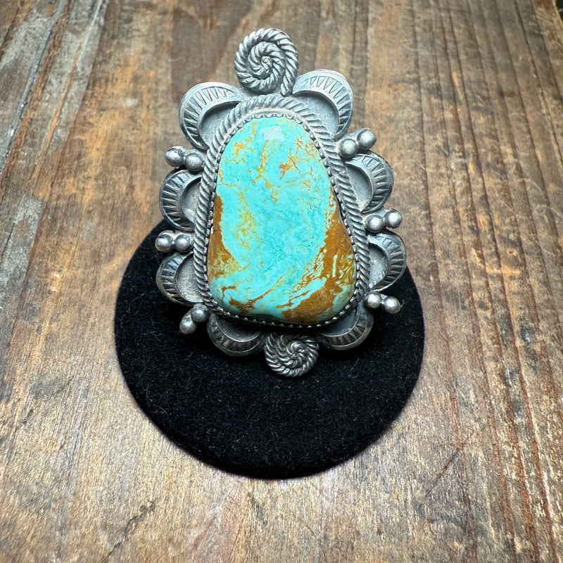 Fancy Big Rounded Triangle Turquoise Sterling Silver Ring size 7.5