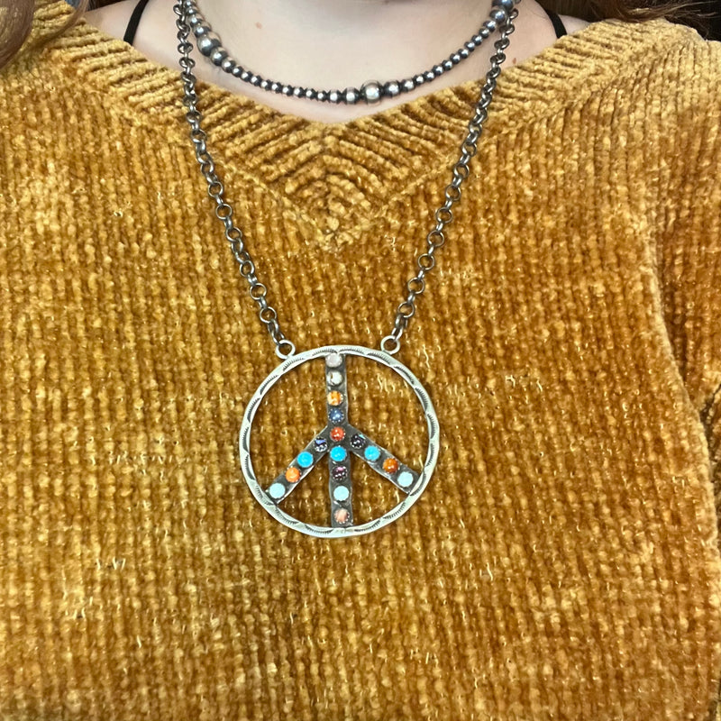 Peace Sign with Multi-Colored Stones Genuine Necklace