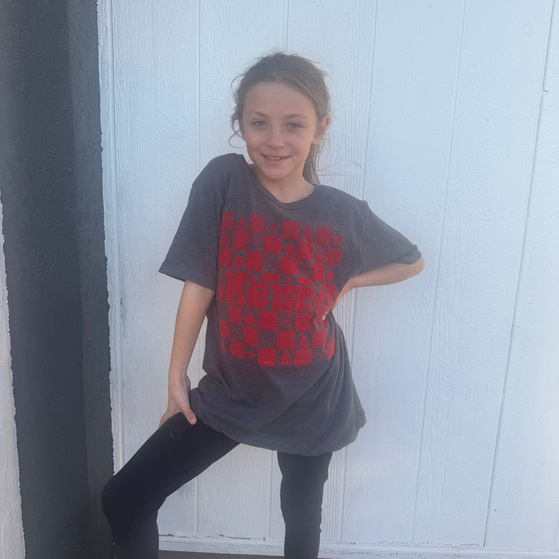 Kids Worn Merry Graphite Heather Grey with Red Crew Neck T-shirt