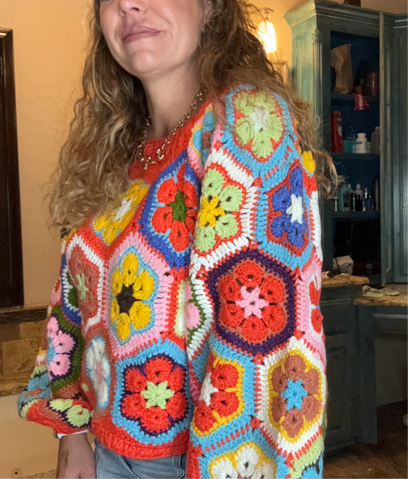 Orange Crochet Flower Crop Sweater