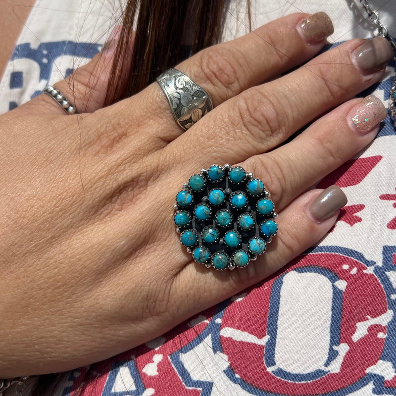 Round Cluster Stone Turquoise Genuine Ring
