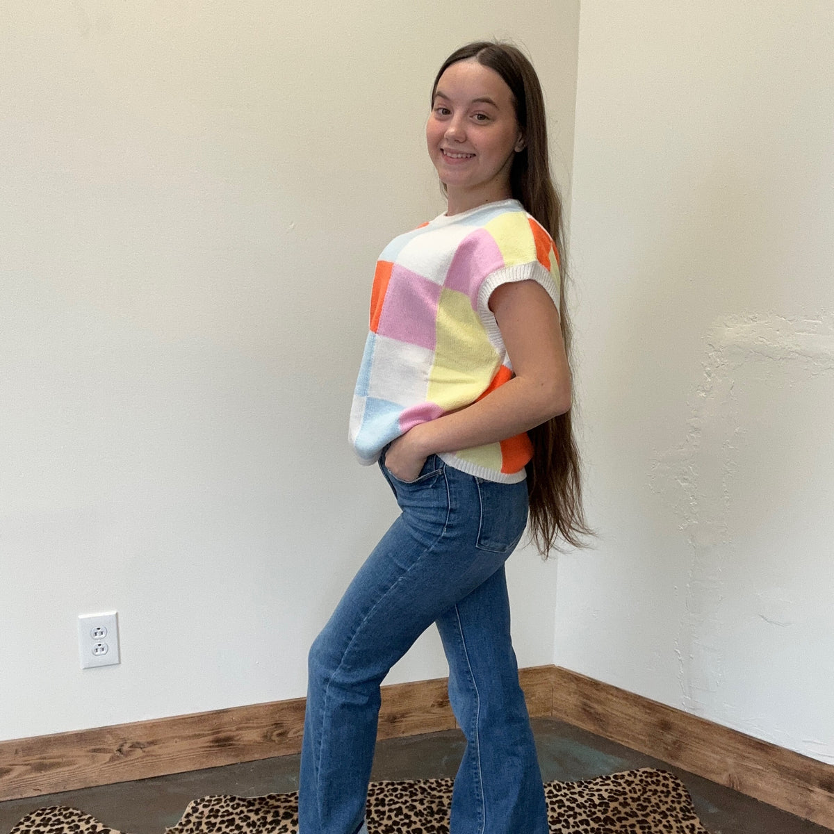 pink orange turquoise checkered sweater vest