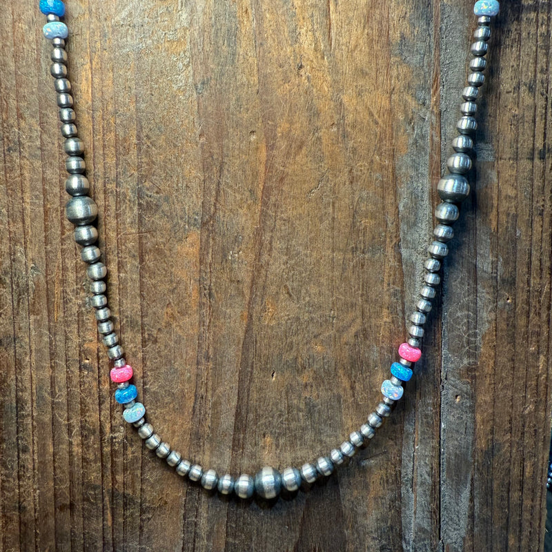 22 inch Patterned Navajo Pearl w/ Hot Pink, Blue, and White Opal Sterling Silver Necklace