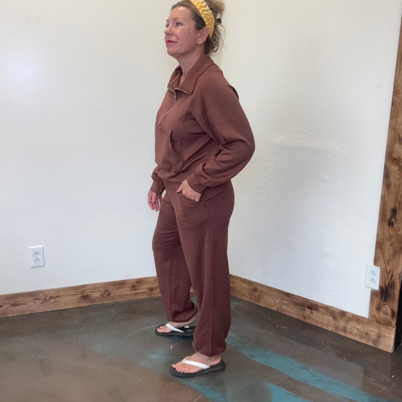 Chestnut Brown Super Soft Half Zip Crop Sweat Shirt