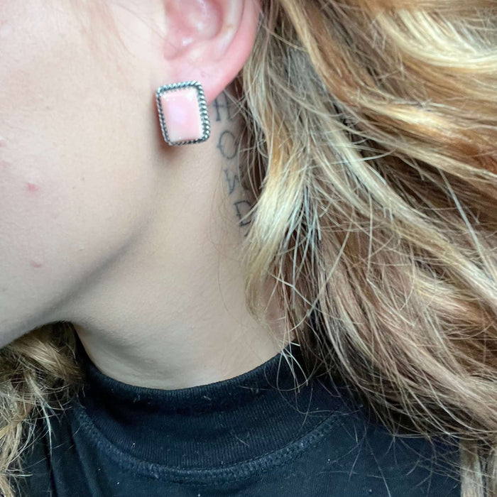 Pink Conch Rectangle Braided Stud Sterling Silver Earring