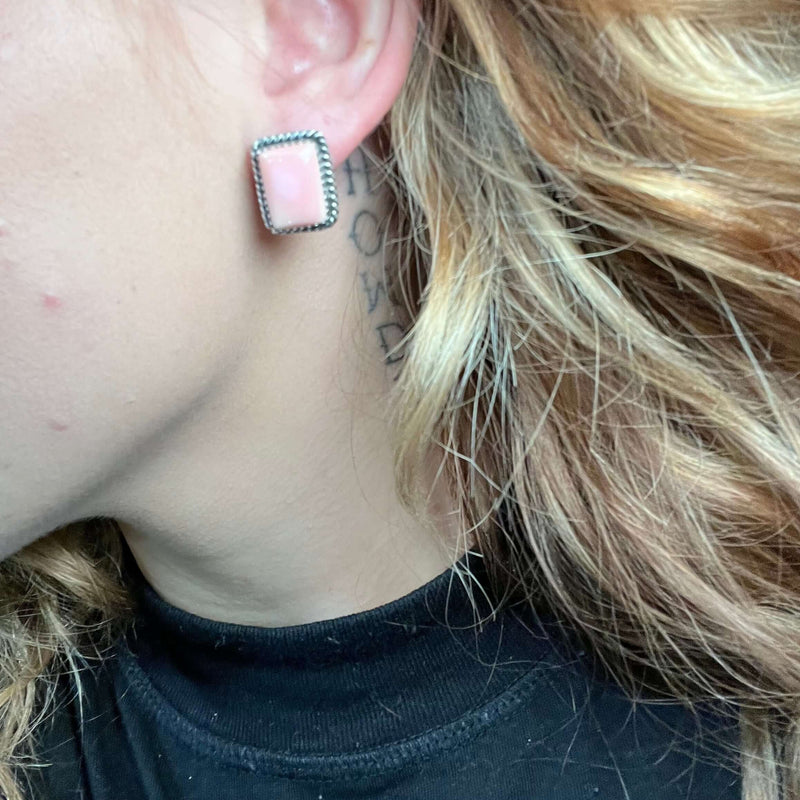 Pink Conch Rectangle Braided Stud Sterling Silver Earring