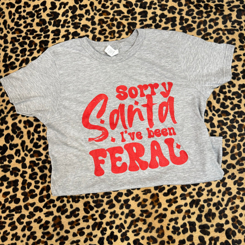 Kids Sorry Santa I've Been Feral Heather Grey with Red Crew Neck T-shirt