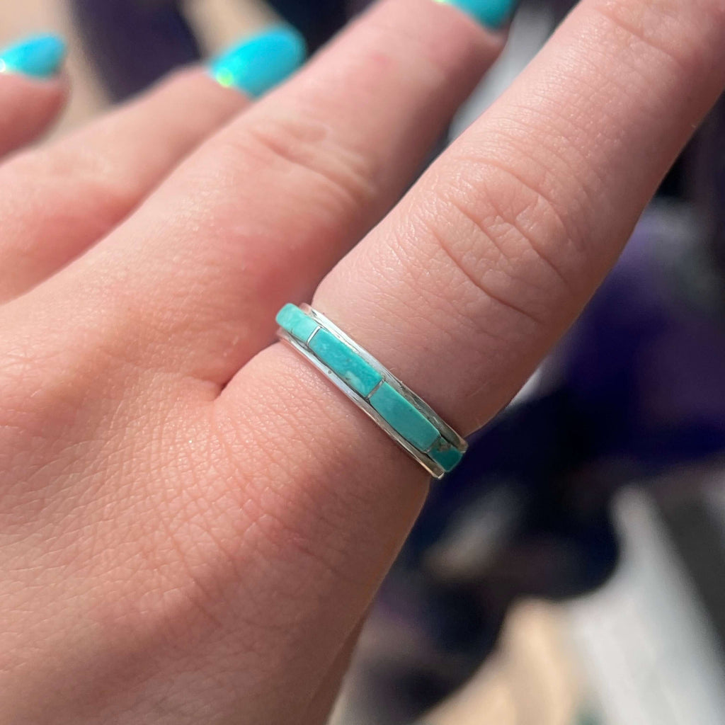 Dainty Single Row Turquoise Inlay Genuine Ring