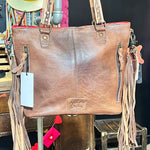 Red Acid Wash Hide Tote Tooled Top Purse w/ Fringe