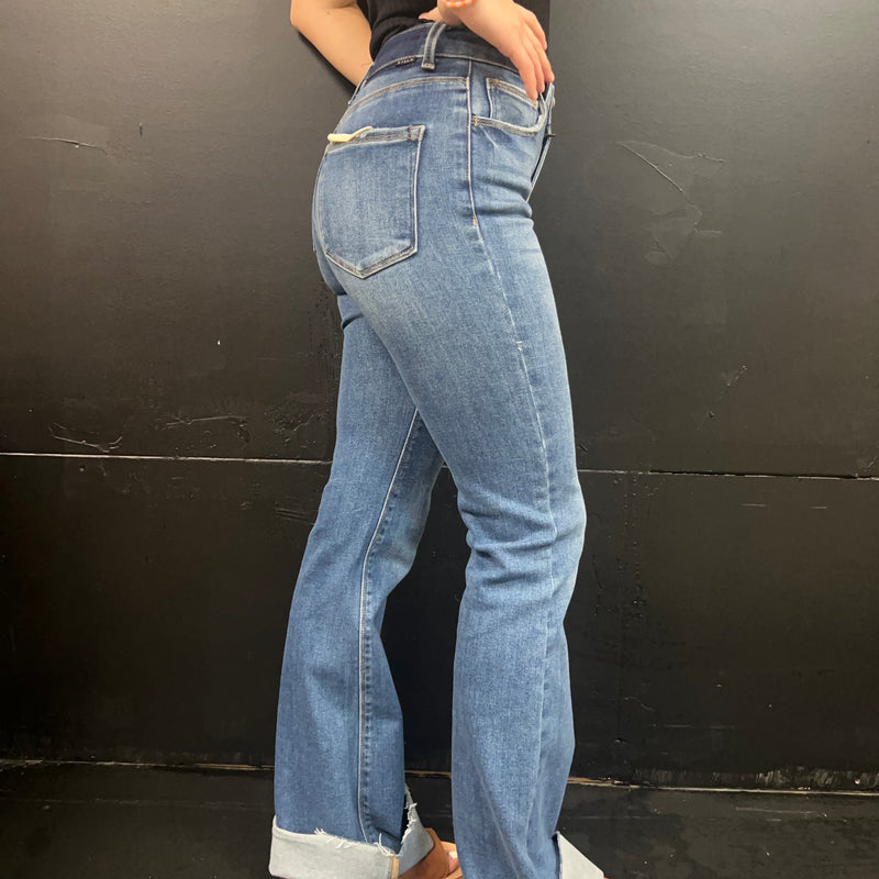 Flare Stonewash Denim Fray Bottom Risen Jeans99