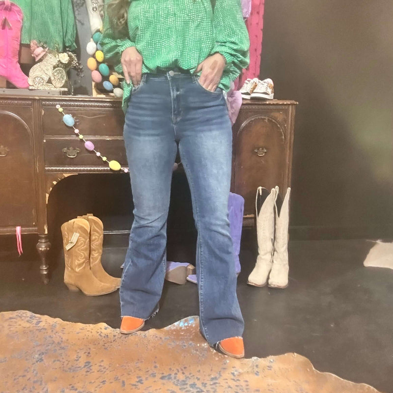 Flare Stonewash Denim Fray Bottom Risen Jeans 5