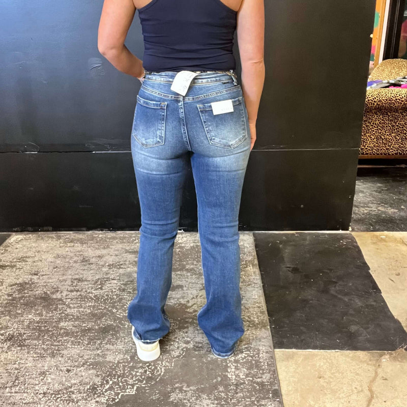 Flare Stonewash Denim Fray Bottom Risen Jeans 