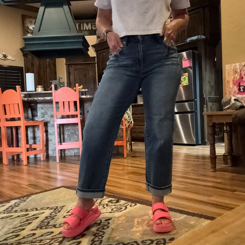 Dark Wash Mid Rise Ankle Boyfriend Turn Cuffed Risen Jeans