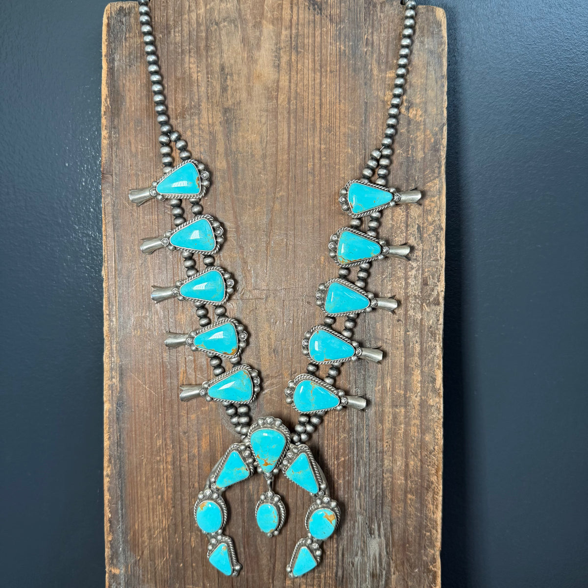 Huge Kingman Turquoise Squash Blossom Sterling Silver Necklace