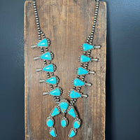 Huge Kingman Turquoise Squash Blossom Sterling Silver Necklace