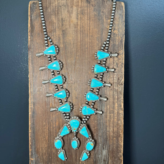 Huge Kingman Turquoise Squash Blossom Sterling Silver Necklace