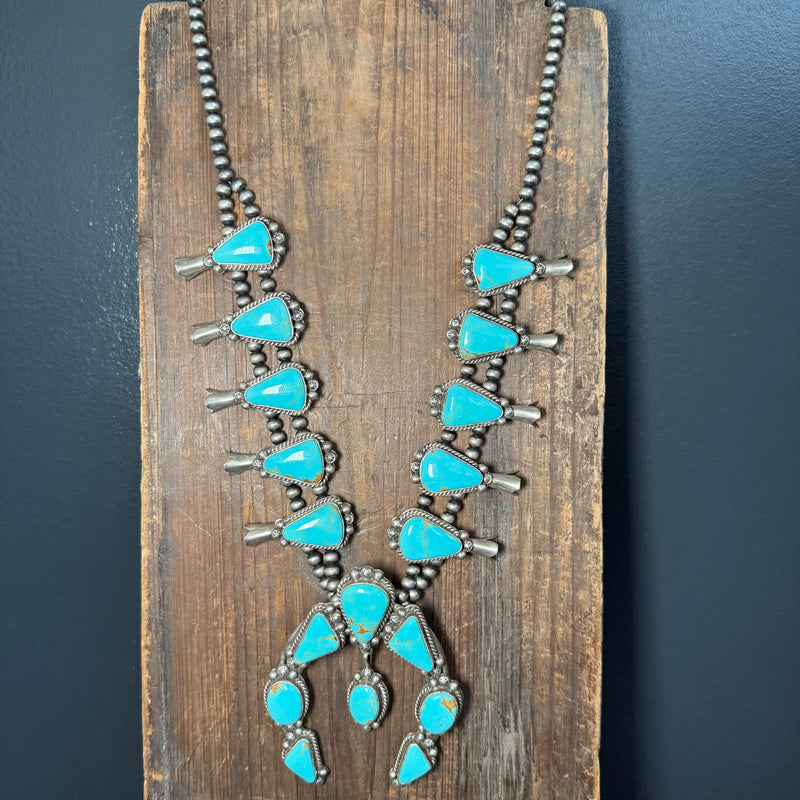 Huge Kingman Turquoise Squash Blossom Sterling Silver Necklace