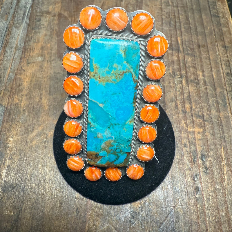 Authentic Turquoise & Real Orange Spiny Adjustable Ring