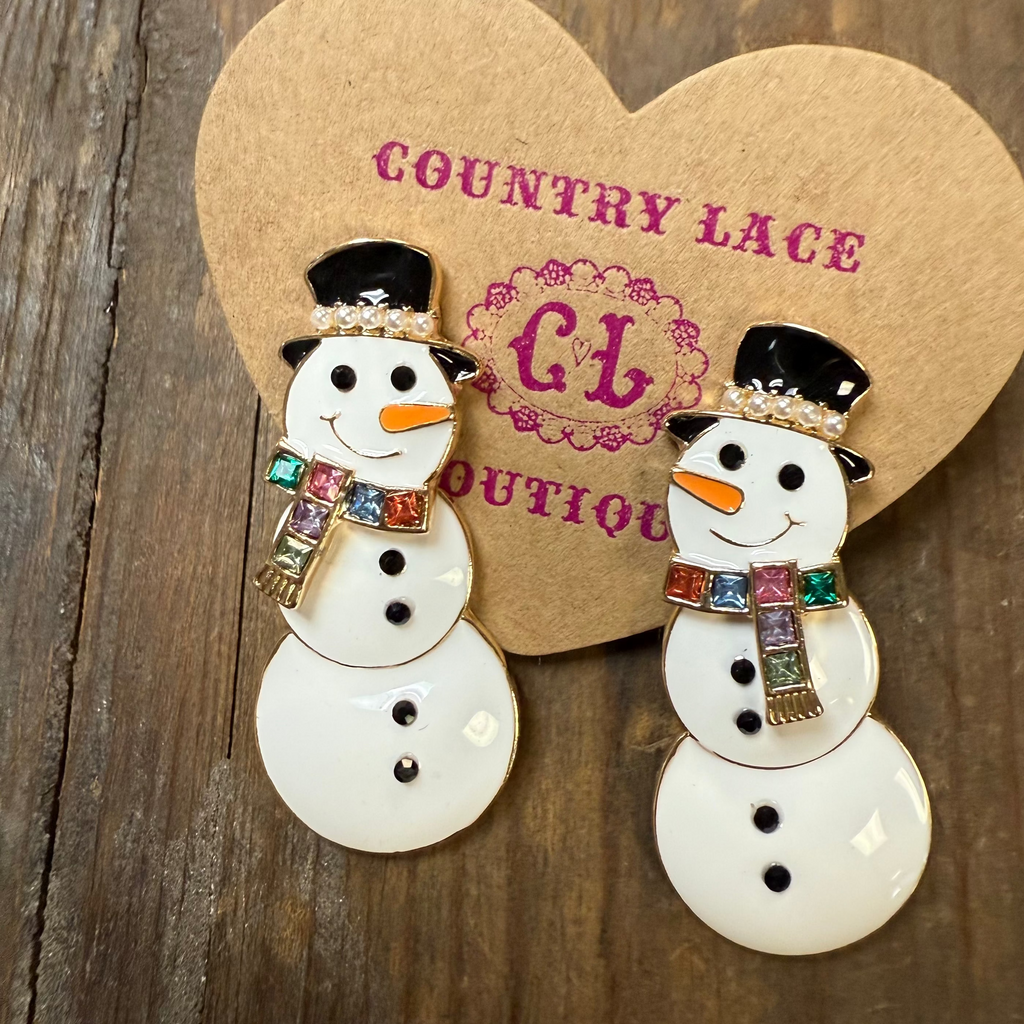Snowman-shaped earrings with colorful accents 