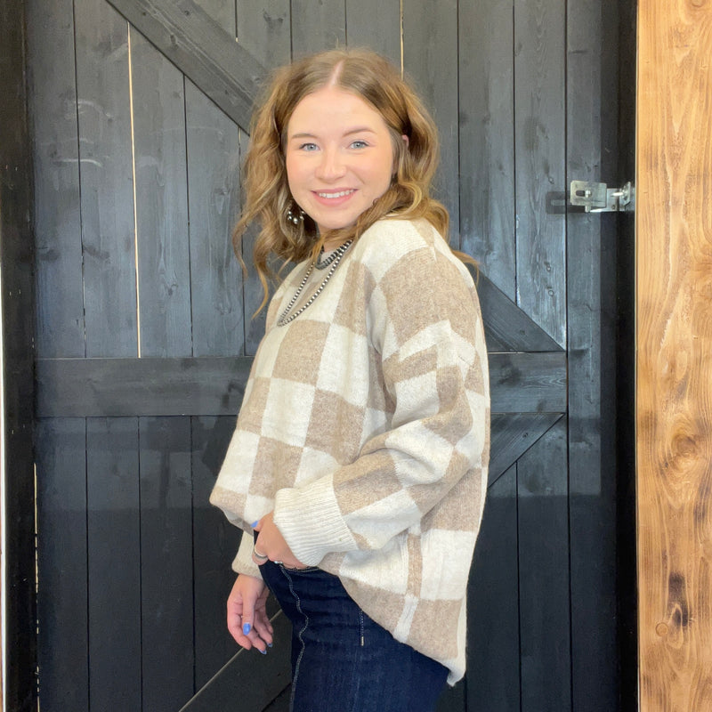 tan checkered sweater