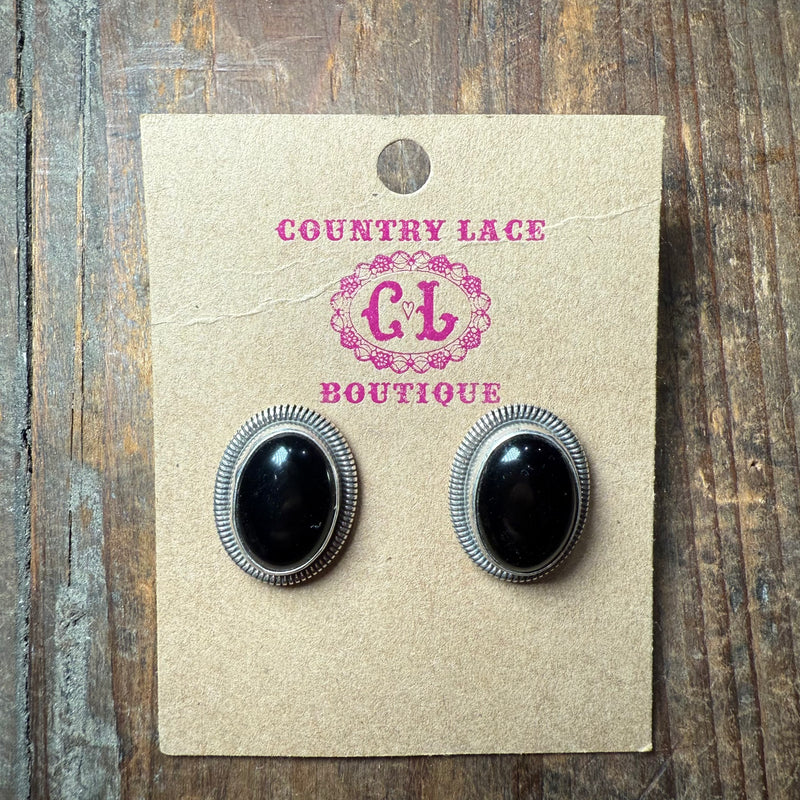 Oval Black Onyx Post Sterling Silver Earring