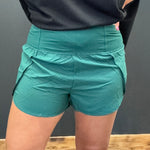 Dark Green High Waisted Athletic Shorts with Zip Waist Pocket