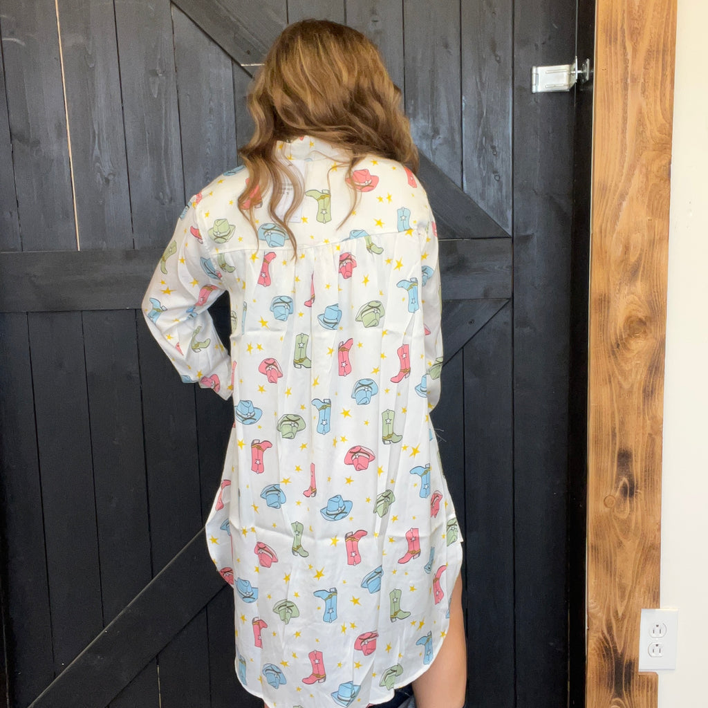 Satin Cowboy Hat Boots Print Button Up Pocket Front Tunic/Dress