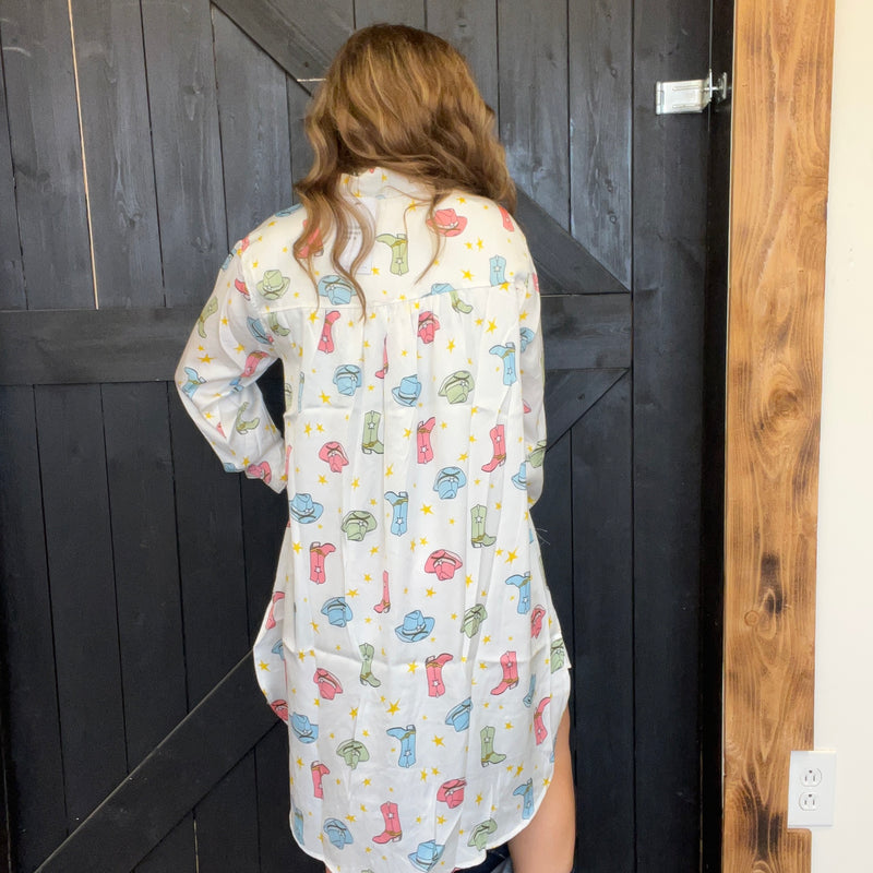 Satin Cowboy Hat Boots Print Button Up Pocket Front Tunic/Dress