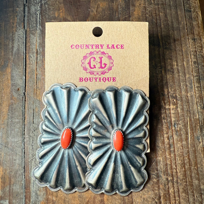 Huge Concho Stamped Post with Red coral Stone Sterling Silver Earring