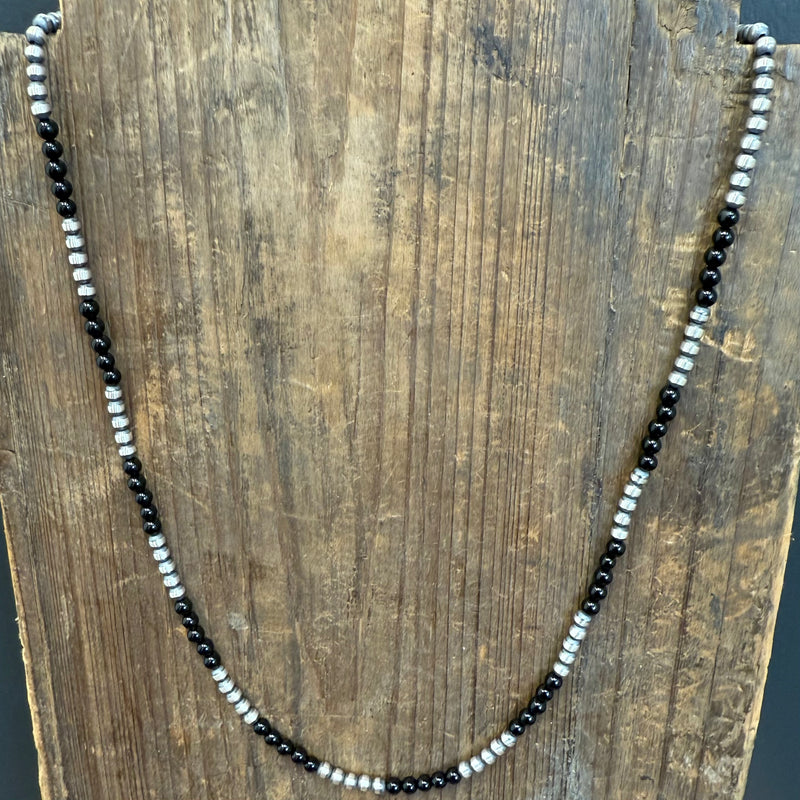 24 inch 4mm Navajo Pearl & Black Onyx Patterned Sterling Silver Necklace