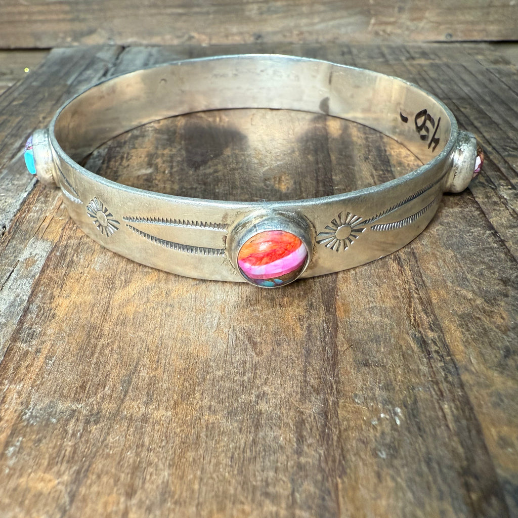 Pink Dahlia with Stamped Sterling Silver Bangle Bracelet