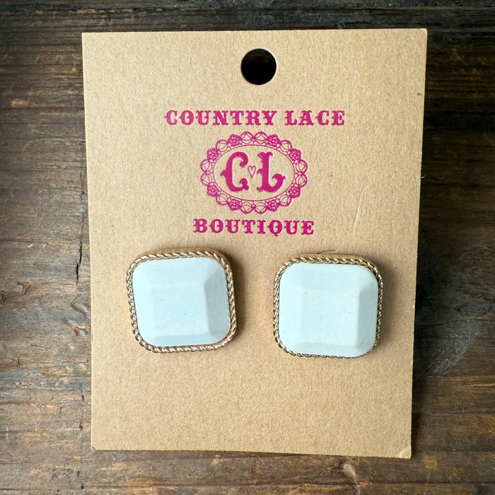 White Rounded Square Post Stud Fashion Earring