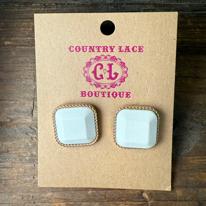 White Rounded Square Post Stud Fashion Earring