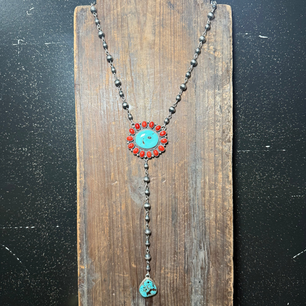 Authentic Red Spiny & Turquoise Cluster Lariat with Contemporary Navajo Pearls Sterling Silver Necklace