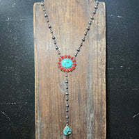 Authentic Red Spiny & Turquoise Cluster Lariat with Contemporary Navajo Pearls Sterling Silver Necklace