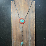 Authentic Red Spiny & Turquoise Cluster Lariat with Contemporary Navajo Pearls Sterling Silver Necklace