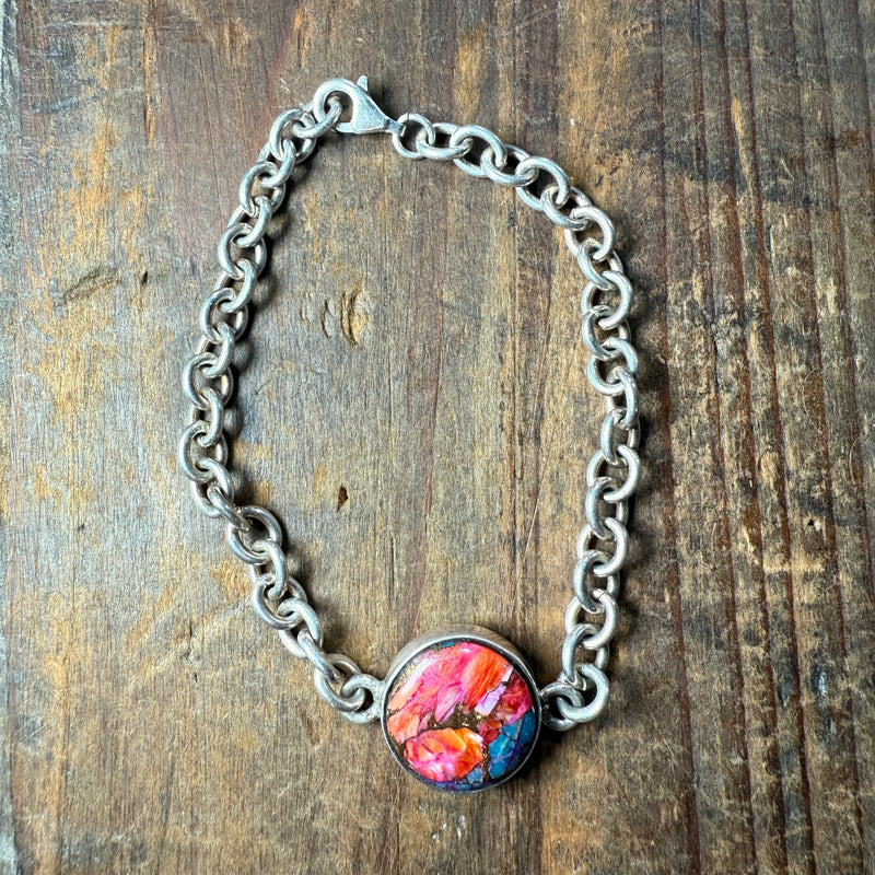 8 Inch Dainty Round Pink Dalhia Sterling Silver Bracelet