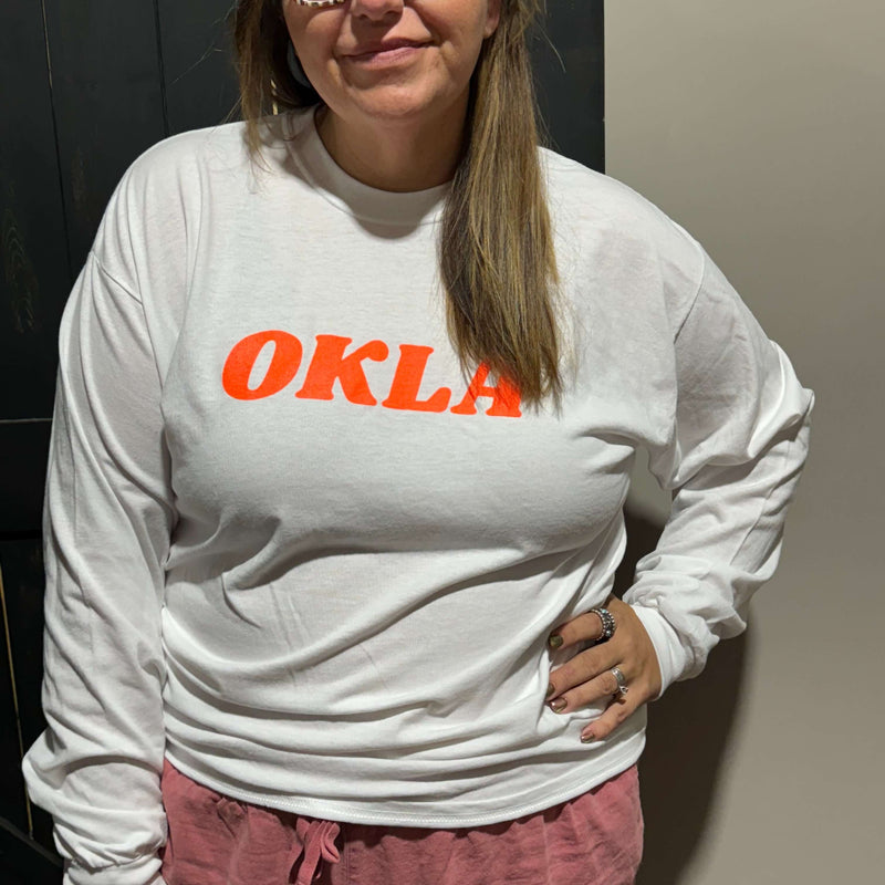 White & Neon Orange OKLA Crew Neck Longsleeve T-shirt