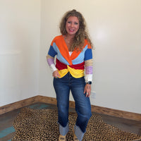 Bright Multi Color Twisted Back Long Sleeve Sweater