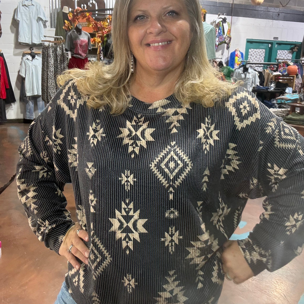 Aztec Ribbed Long Sleeve Shirt - Country Lace Boutique