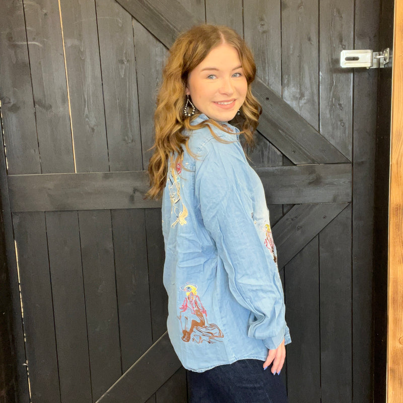 Western Motif Embroidered Tencel Long Sleeve Button Top