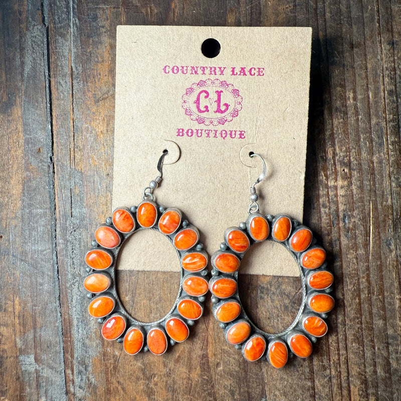 Gorgeous Orange Spiny Round Halo Sterling Silver Earrings