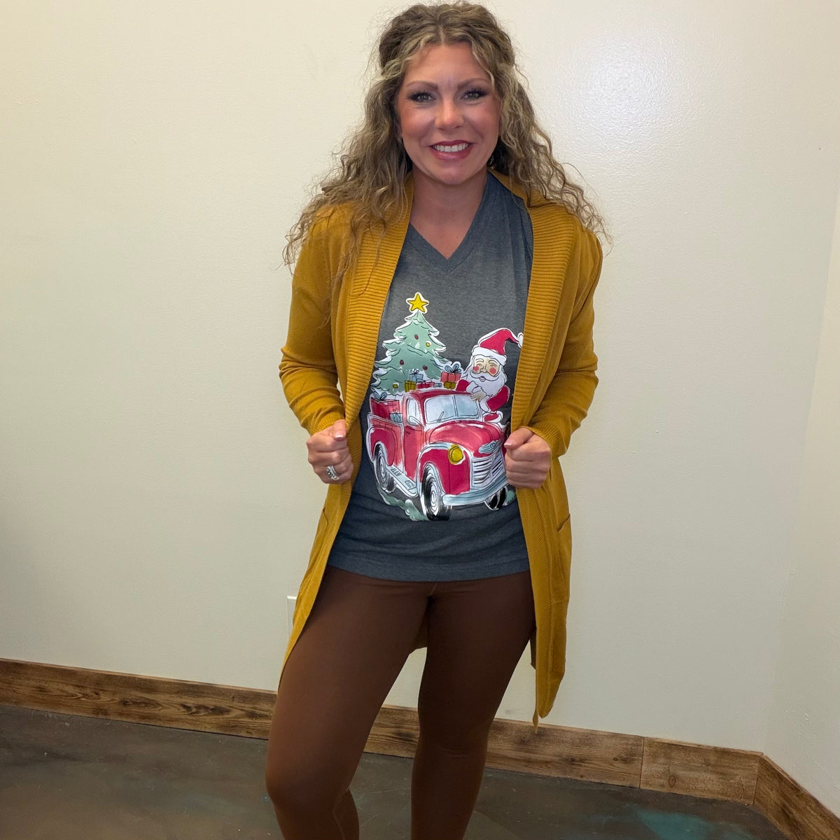 Heather Grey Santa Red Truck V Neck Short Sleeve T Shirt