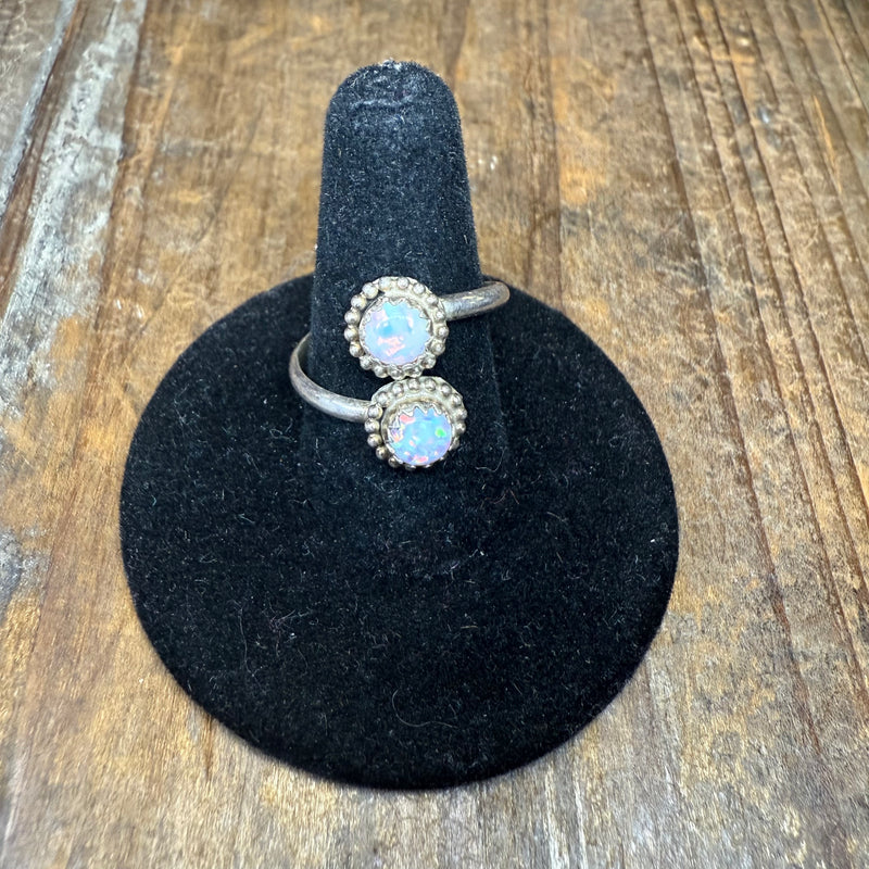 2 Stone Iridescent White Opal Adjustable Sterling Silver Ring