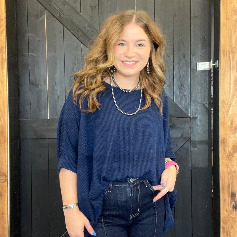 Navy Ribbed Dolman Shortsleeve Top