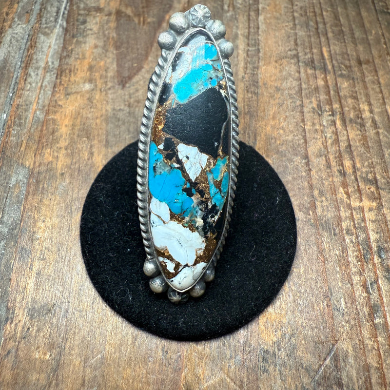 Huge Oval Turquoise with Detail Sterling Silver Ring size 6.5