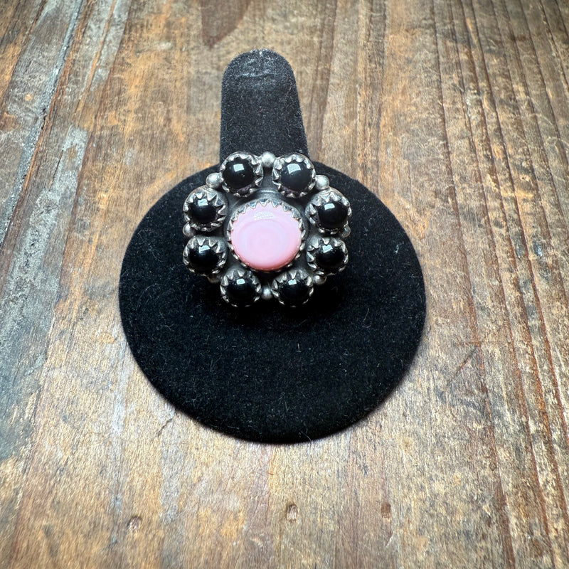 Black Onyx & Pink Conch Cluster Sterling Silver Ring size 7