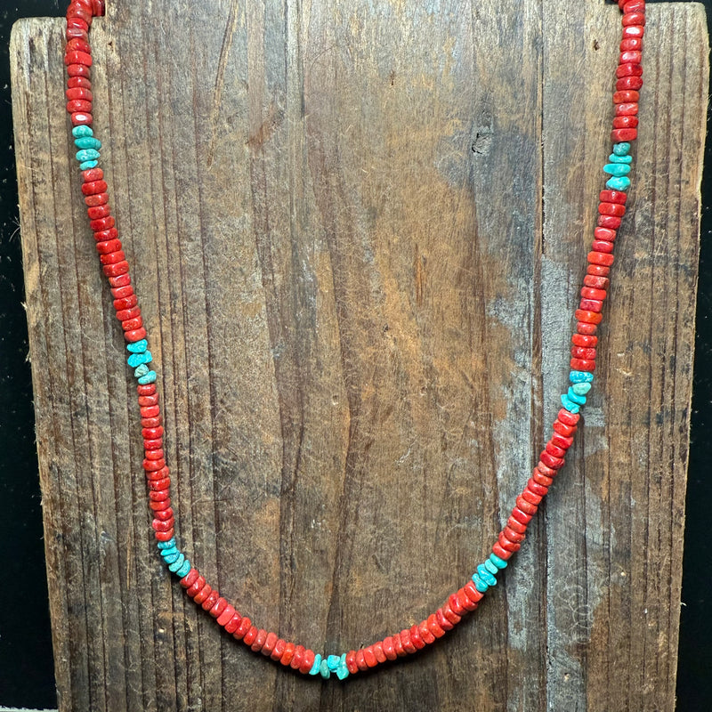 20 inch Red Coral and Turquoise Chunky Sterling Silver Necklace