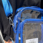 Clear blue bag with a visible brand label on a person wearing a black shirt.